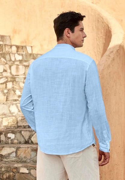 Zombom MenS Solid Cotton Blend Straight Kurta Shirt, Regular Fit Full Sleeve Short Kurta Shirt Sky Blue