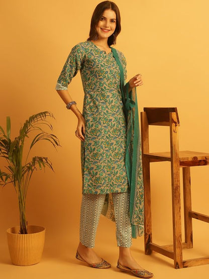 Pinkmint Salwar Suit Set For Women Flower Printed Halter V Neck Kurta With Trouser With Dupatta Ready To Wear Wedding