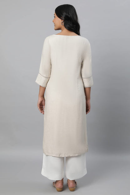 Aurelia Beige Solid Straight Long Kurta With Lace