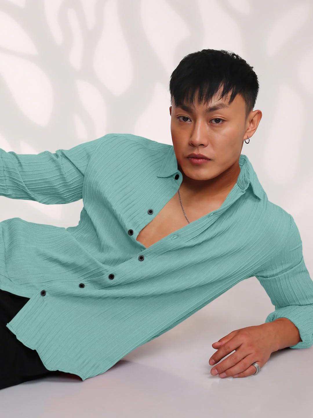 Finivo Fashion MenS Casual Cotton Striped Button Down Shirts Long Sleeve Textured Summer Beach Shirt For Men Turquoise