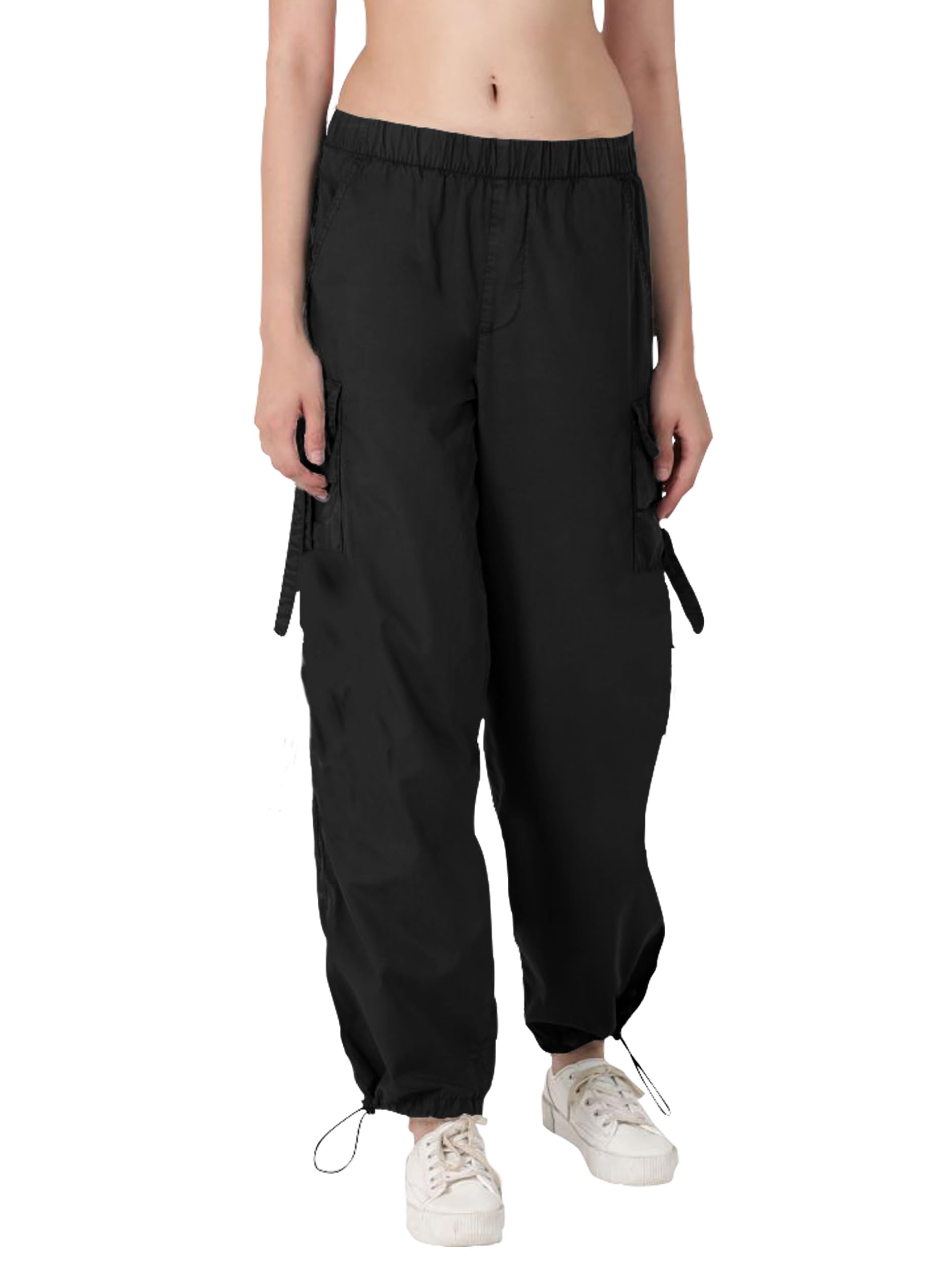 Noble Monk WomenS Plus Size Cargo Pants Flap Pocket Side High Elastic Waist Baggy Pants | Cargo Parachute Pants For Women Black