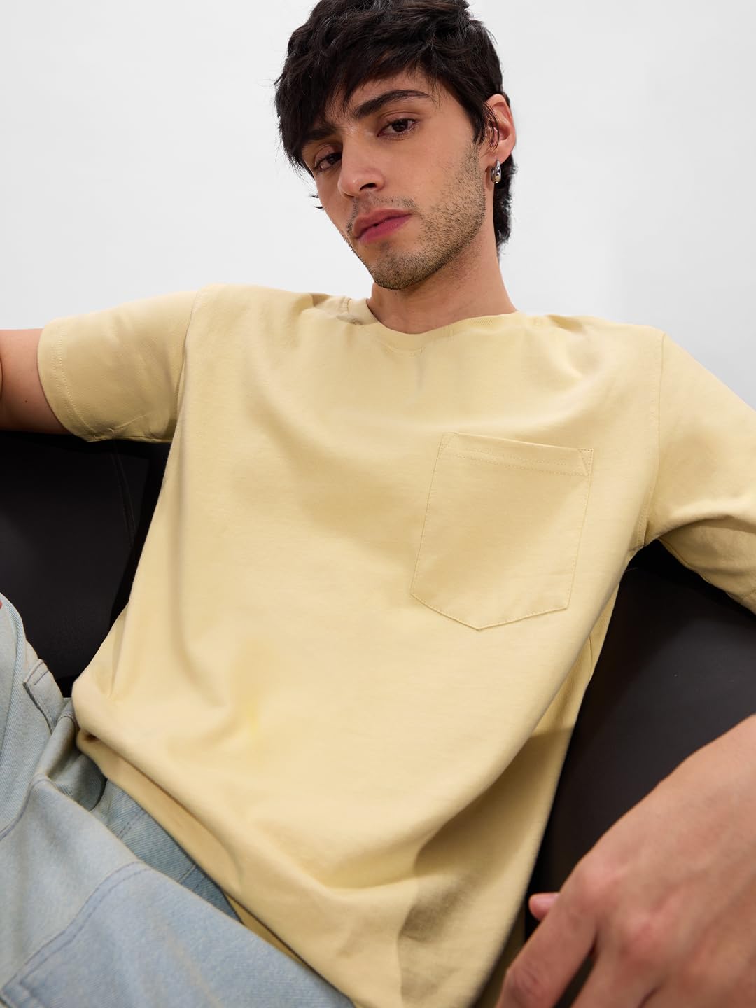 The Souled Store Solids: Seashell Cream Men and Boys Short Sleeves Round Neck Regular Fit Cotton T-Shirts