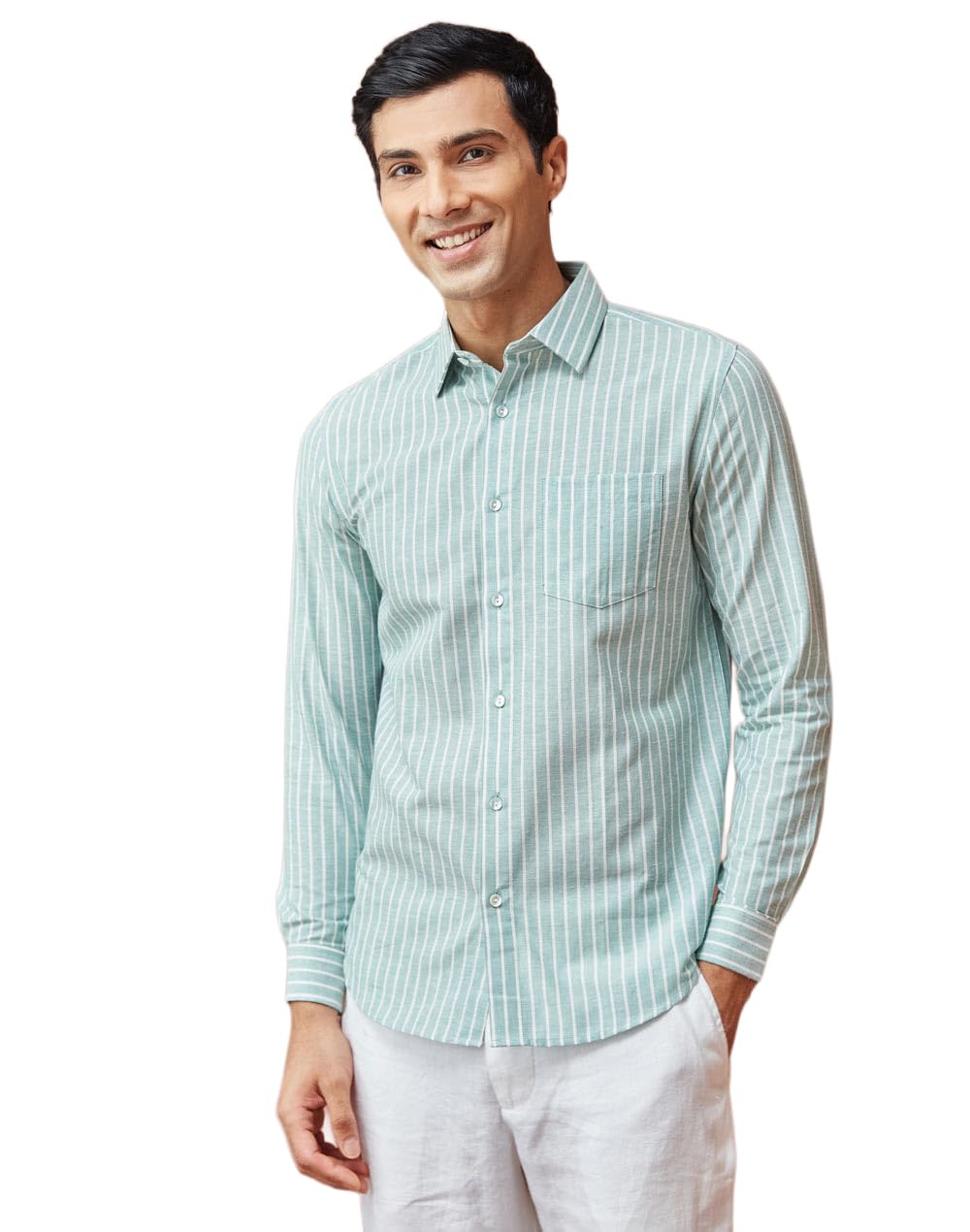 Fabindia Green Cotton Blend Striped Shirt (2128059GREEN)