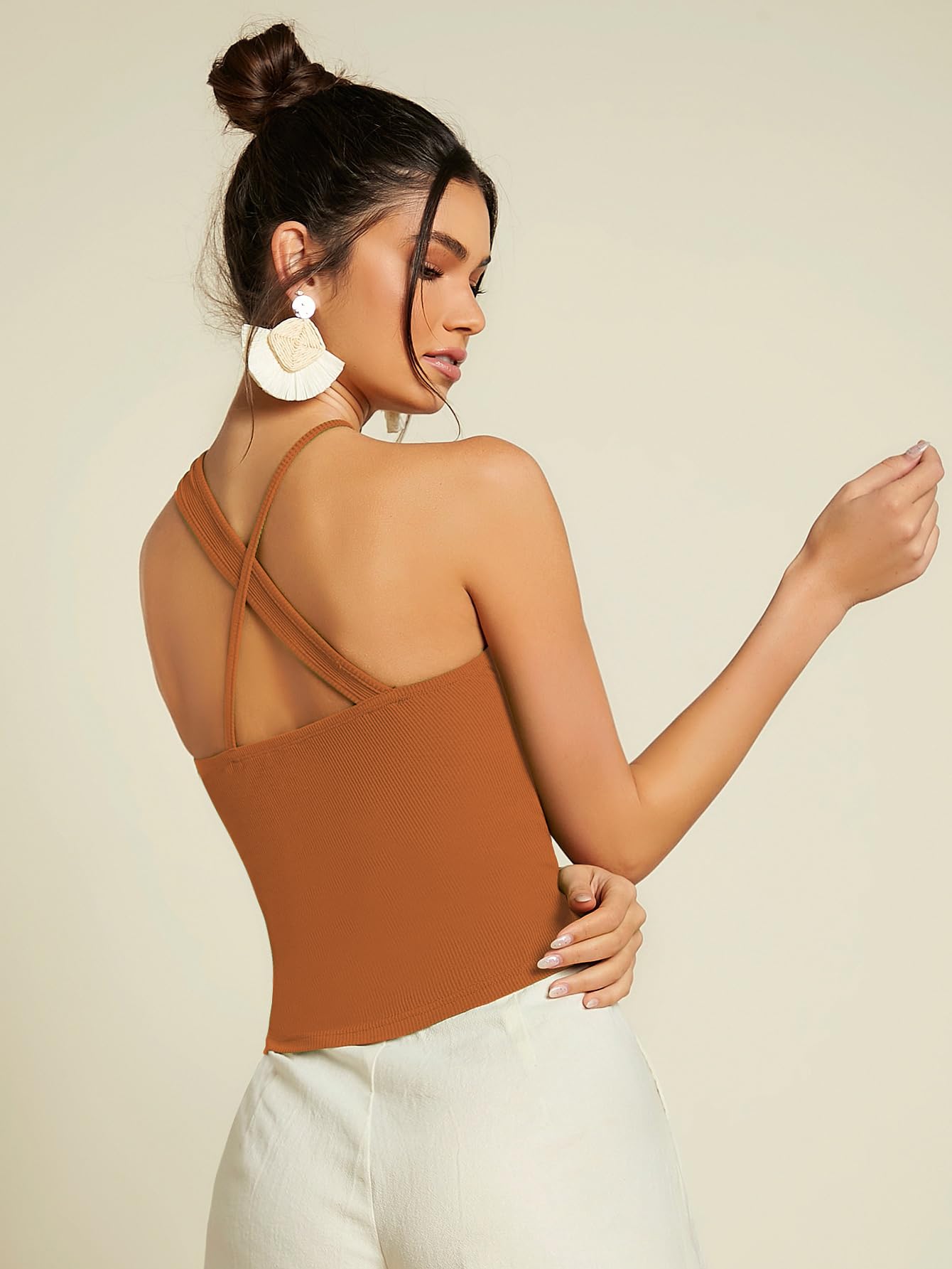 Sugathari Womens Orange Criss Cross Front Ribbed Knit Korean Trendy Tank Western Tops for Women Stylish (T-Shirt 183 Rust Orang