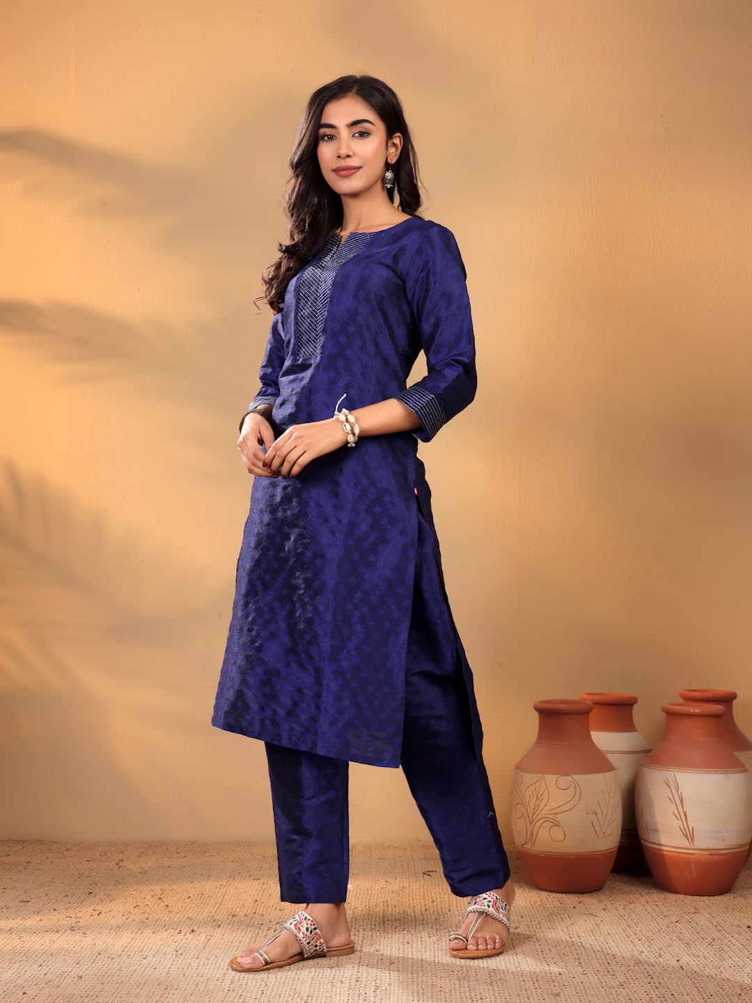 Varanga WomenS Navy Blue Ethnic Kurta Set - Straight Fit Dobby Textured Kurta With Zari Couching, Calf-Length Trouser & Floral