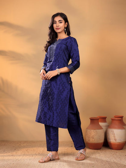 Varanga WomenS Navy Blue Ethnic Kurta Set - Straight Fit Dobby Textured Kurta With Zari Couching, Calf-Length Trouser & Floral