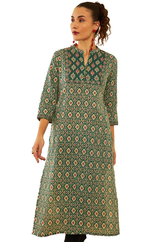 Soch Womens Green Cotton Ikat Printed Straight Kurta With Mirror Work