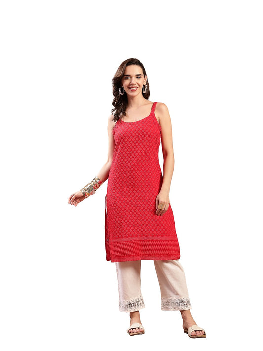 Stylum Womens Red Chikankari Rayon Straight Kurta