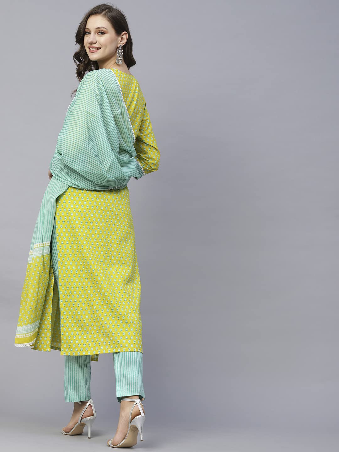 GoSriKi Women's Cotton Blend Straight Printed Kurta with Pant & Dupatta (Inam Green-GS)