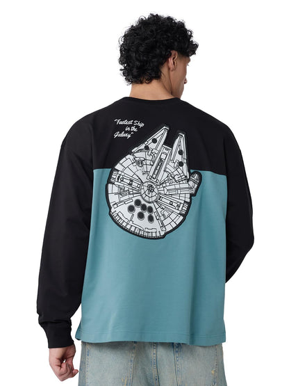 The Souled Store Star Wars: Fastest Ship Men and Boys Round Neck Blue and Black Graphic Printed Cotton Oversized Full Sleeve T-S