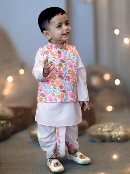 A.T.U.N. (All Things Uber Nice) Boys Pink Kurta Dhoti With Multi Floral Printed Nehru Jacket (3 Piece Set)