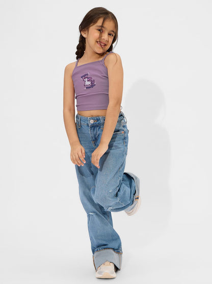 The Souled Store Pure Magic Girls Sleeveless Square Neck Purple Embroidered Cotton Crop Tops