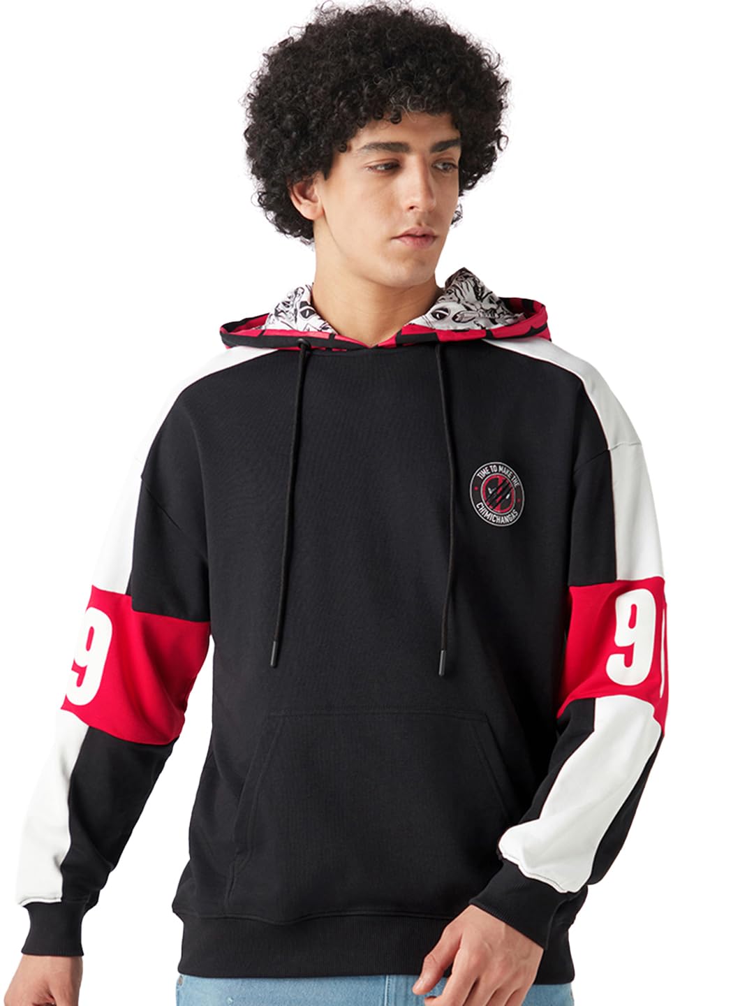 Bewakoof Official DC Merchandise Deadpool Mens Graphic Print Oversized Fit Full Sleeve Hooded Poly Cotton Hoodies_644649_Black_