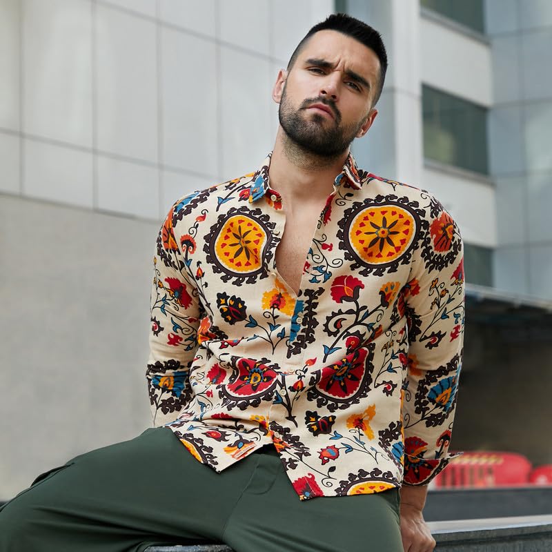 Campus Sutra Mens Multicolour Ethnic Floral Shirt for Casual Wear | Spread Collar | Long Sleeve | Button Closure | Cotton Shirt