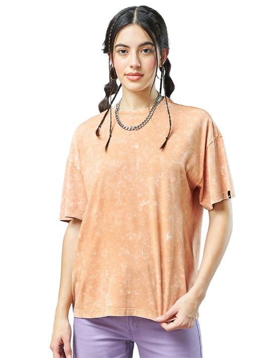 Bewakoof Womens Self Design Oversized Fit Half Sleeve Round Neck Cotton Jersey Acid Wash T-Shirt 611028 Orange 2XL
