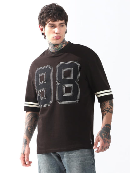 Hubberholme Men Cotton Terry Printed Oversized V-Neck Half Sleeves Tshirts 16 Brown