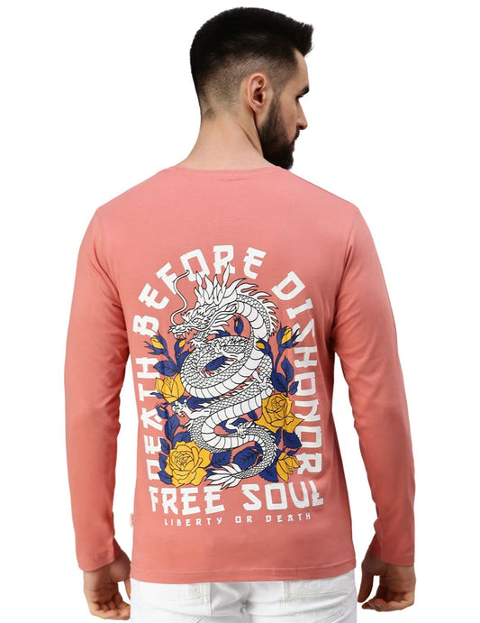 Veirdo Mens Cotton Full Sleeve Round Neck Soap Nut Graphic Printed T-Shirt Peach