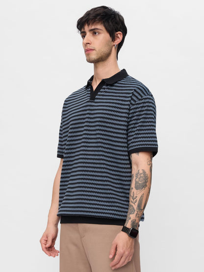 The Souled Store Jacquard Polo: Twilight Men and Boys Short Sleeves Collared Neck Striped Cotton Oversized Polos