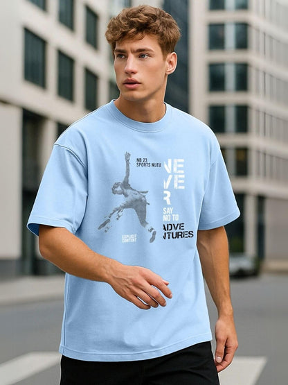 Nobero MenS Graphic Print Oversized Fit T-Shirt (1M-Twts-C0933-X_Powder Blue/White