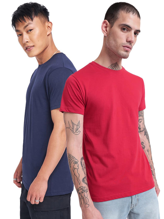 Bewakoof MenS Solid Regular Fit Half Sleeve Round Neck Cotton T-Shirt (Pack Of 2)_A2-115-69875_Blue & Red_L