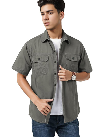 SMOWKLY Mens Casual Solid Printed Cotton Regular Fit Shirt || Half Sleeve, Button Down, Double Front Pocket || Denim Jacket Sty