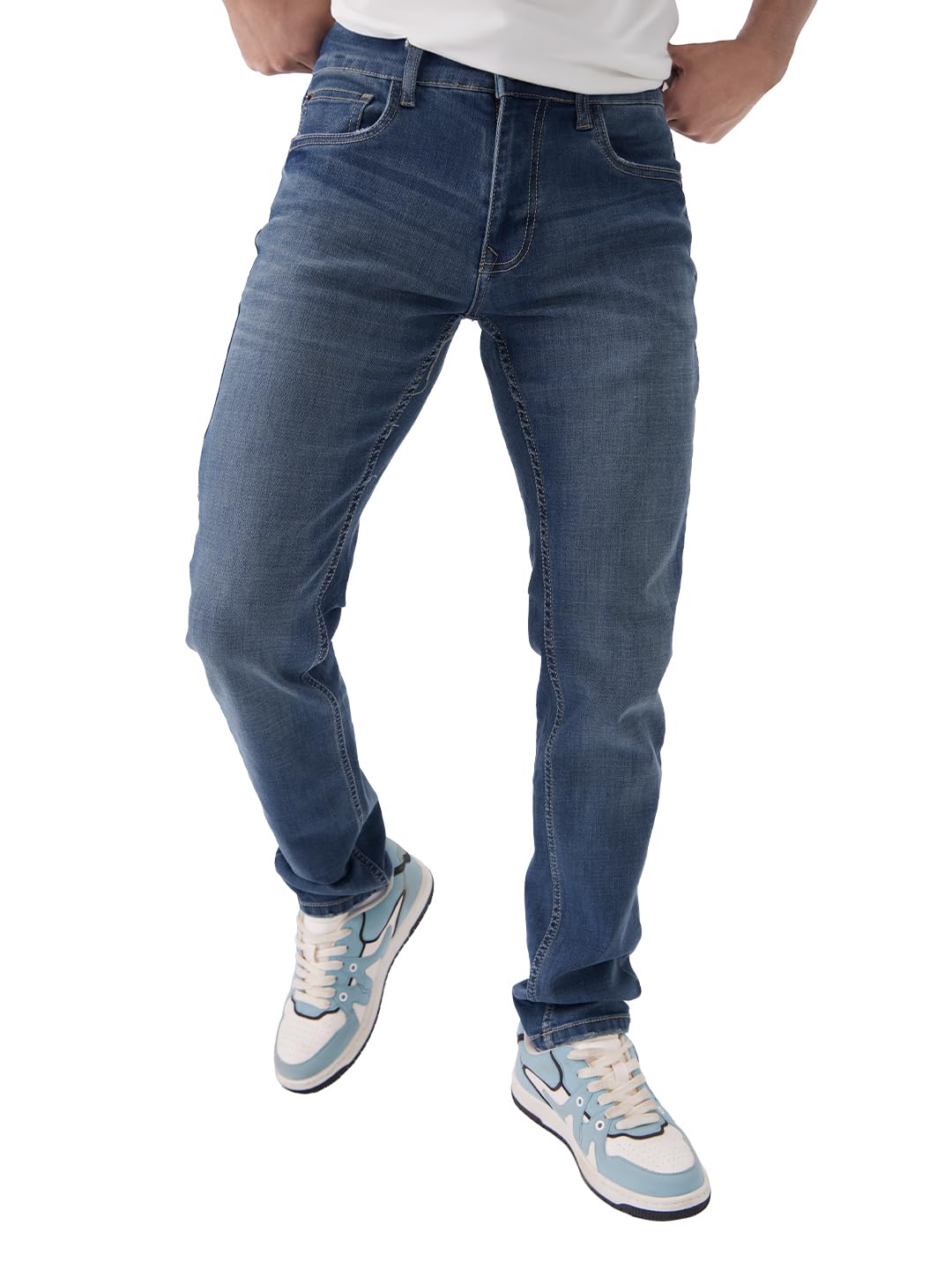 The Souled Store Denim: Ink Blue Men and Boys Buttoned Cotton Blend Slim Fit Jeans