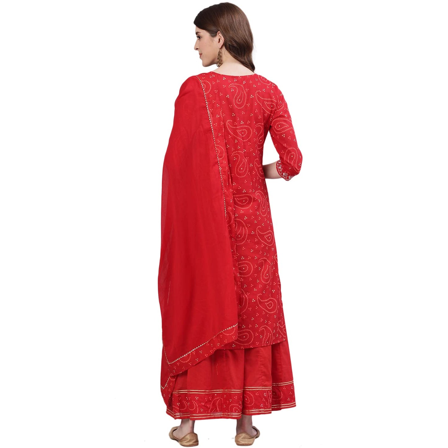 ishin Women's Pure Cotton Embroidered Zari Red Bandhani Print A-Line Kurta suit set With Dupatta & Sharara