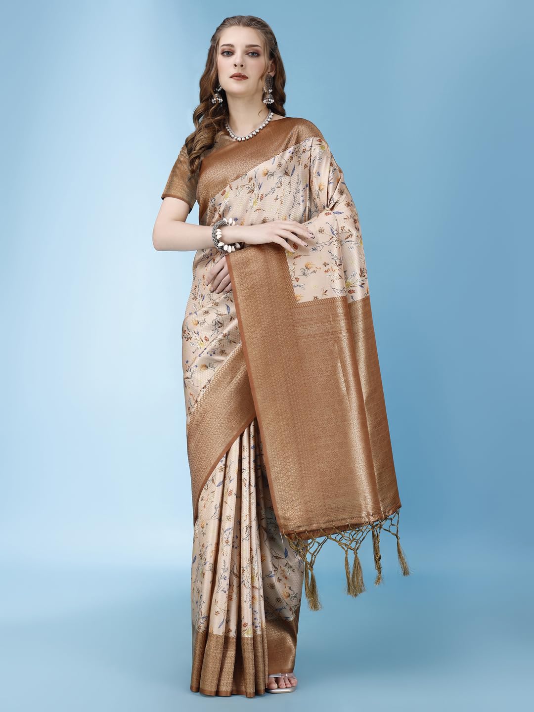 Pujia Mills Smooth Silk Saree For Women Indian Ethnic Wear Pure Silk Blend Zari Weaving Floral Digital Printed Smooth Silk Light