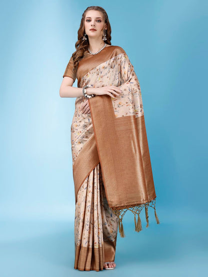 Pujia Mills Smooth Silk Saree For Women Indian Ethnic Wear Pure Silk Blend Zari Weaving Floral Digital Printed Smooth Silk Light