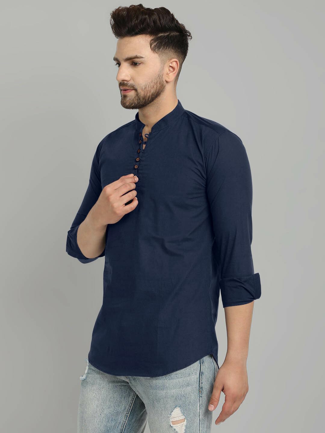 Royalscout MenS Cotton Blend Full Sleeve Short Kurta With Mandarin Collar Navy