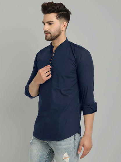Royalscout MenS Cotton Blend Full Sleeve Short Kurta With Mandarin Collar Navy