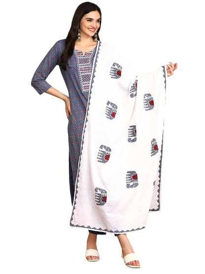 Ajrakh Inspired Printed Cotton Kurta And Pant With Hand Applique Dupatta | Kurta Set For Women | Kurta With Trousers And Dupatta