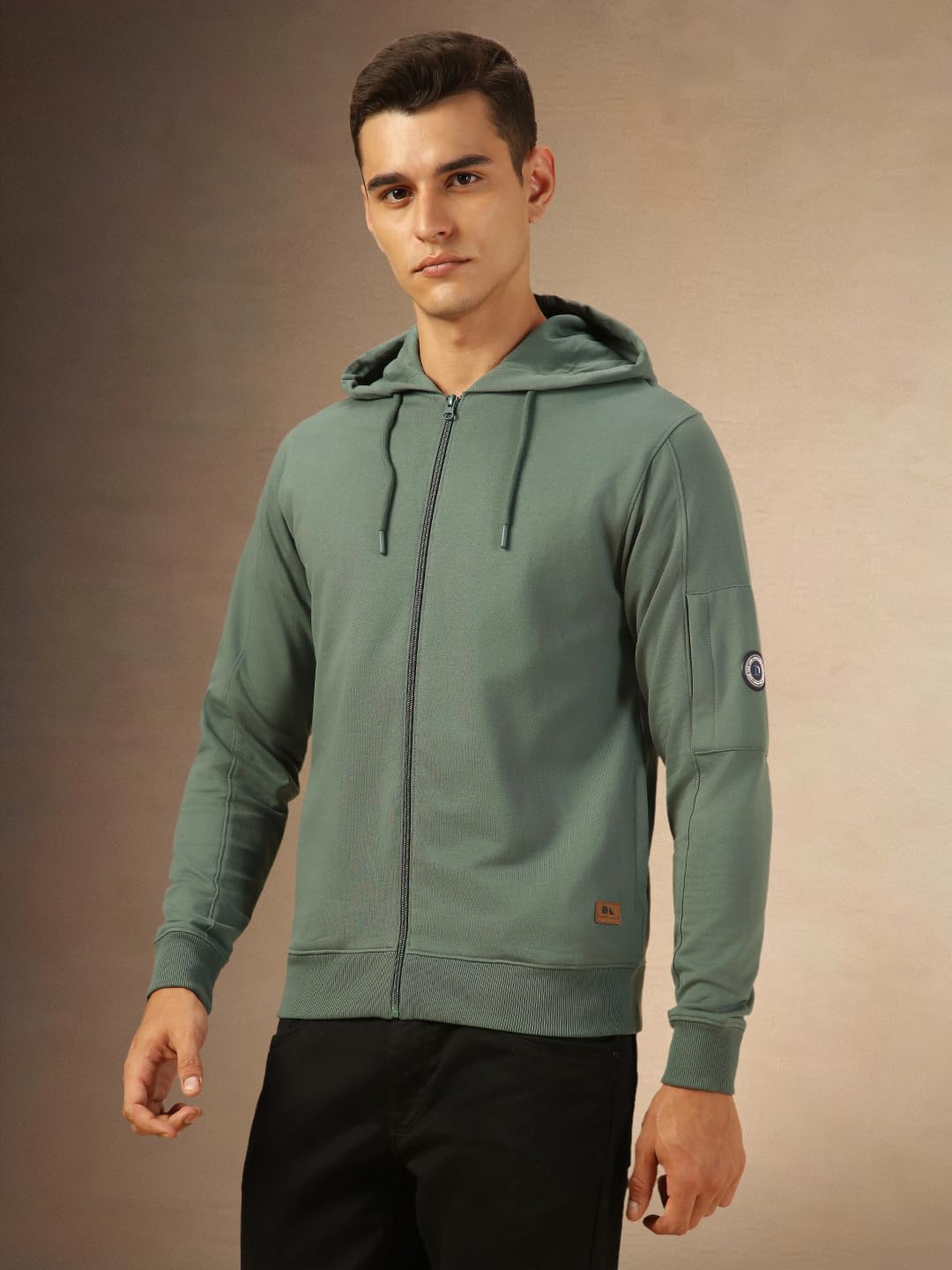 Dennis Lingo Men Regular Fit Cotton Solid Full Sleeves Hooded Front Open Sweatshirt Olive