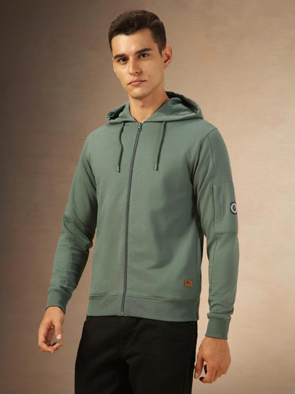 Dennis Lingo Men Regular Fit Cotton Solid Full Sleeves Hooded Front Open Sweatshirt Olive