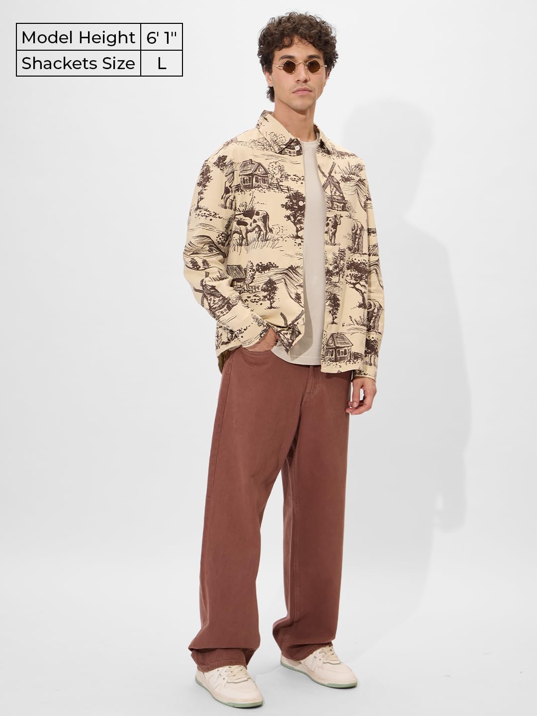 The Souled Store Rolling Hills Men and Boys Long Sleeves Collared Neck Button Front Beige and Brown All Over Printed Cotton Shac