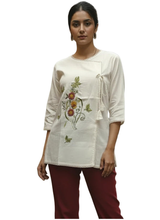 Gosriki WomenS Tops Rayon Viscose Floral Embroidery Top For Women (Digambar Cream-Gs_Xl_Cream_X-Large)