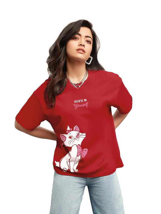 Bewakoof Womens Believe Cat Graphic Print 100% Cotton T-Shirt- Oversized Fit, Round Neck, Half Sleeve