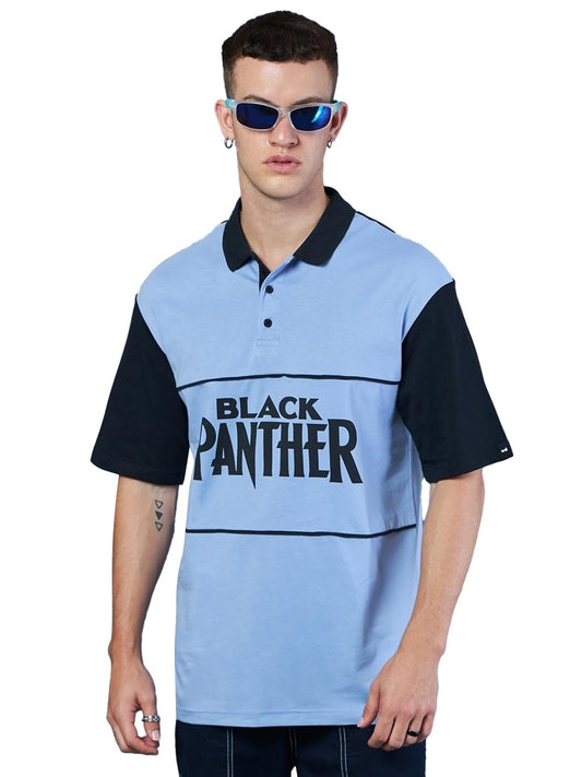 Bewakoof Official Marvel Merchandise Mens Graphic Print Oversized Fit Half Sleeve Polo Cotton Polo T-Shirt_616983_Blue_M