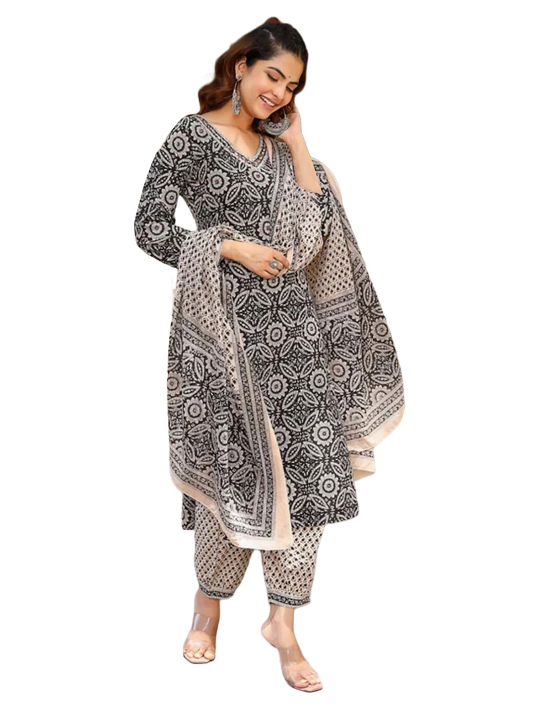 Tee Projekt WomenS Cotton Blend V Neck Kurta Pant With Dupatta Set Ll Casual Wear Women Grey