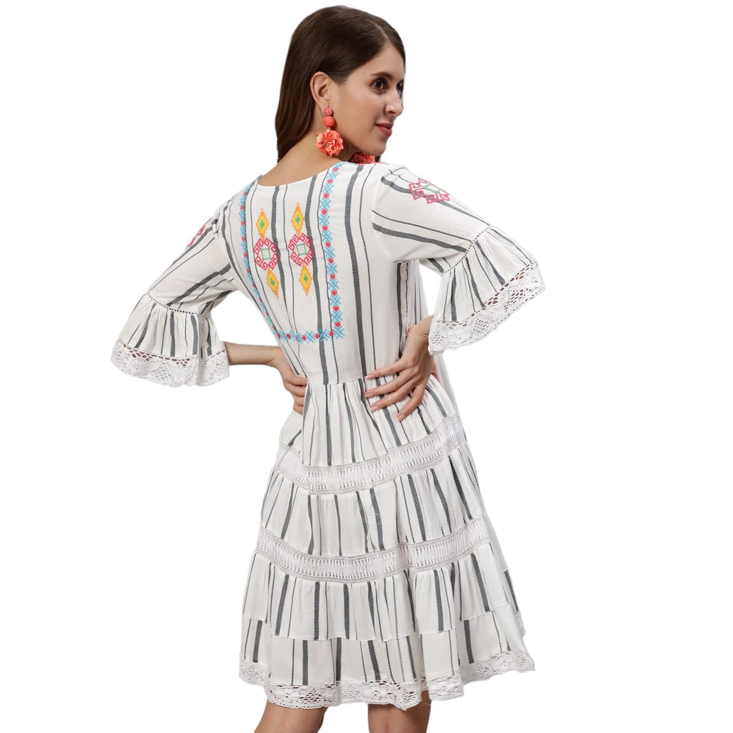 Ishin WomenS Rayon White Embroidered A-Line Dress