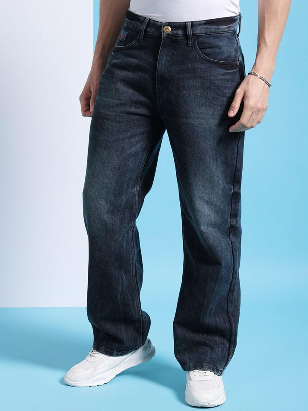The Indian Garage Co Men Baggy Solid Mid-Rise Stretchable Jeans Blue