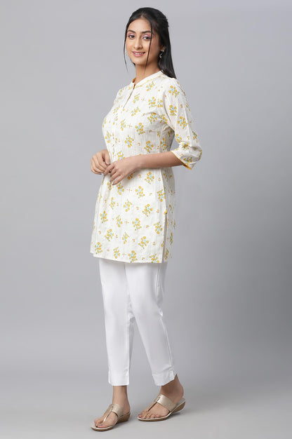Beige Floral Printed Textured Kurti