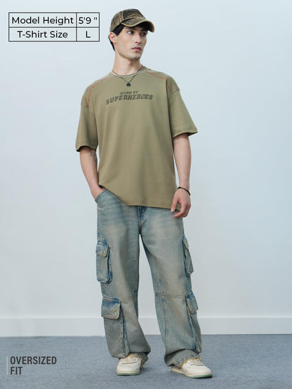 The Souled Store Oversized T-Shirt: Mossy Men and Boys Short Sleeves Round Neck Green Graphic Printed Cotton Oversized T-Shirts