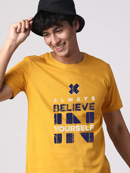 ADRO Believe in Yourself Printed T-Shirts for Men & Women (RNR-S35-BEL-MU_Mustard)