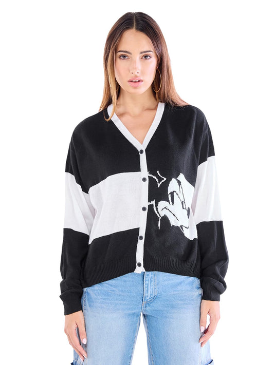 Bewakoof Official Disney Merchandise Mickey Womens Colorblock Oversized Fit Full Sleeve V-Neck 100% Acrylic Sweater_641017_Whit