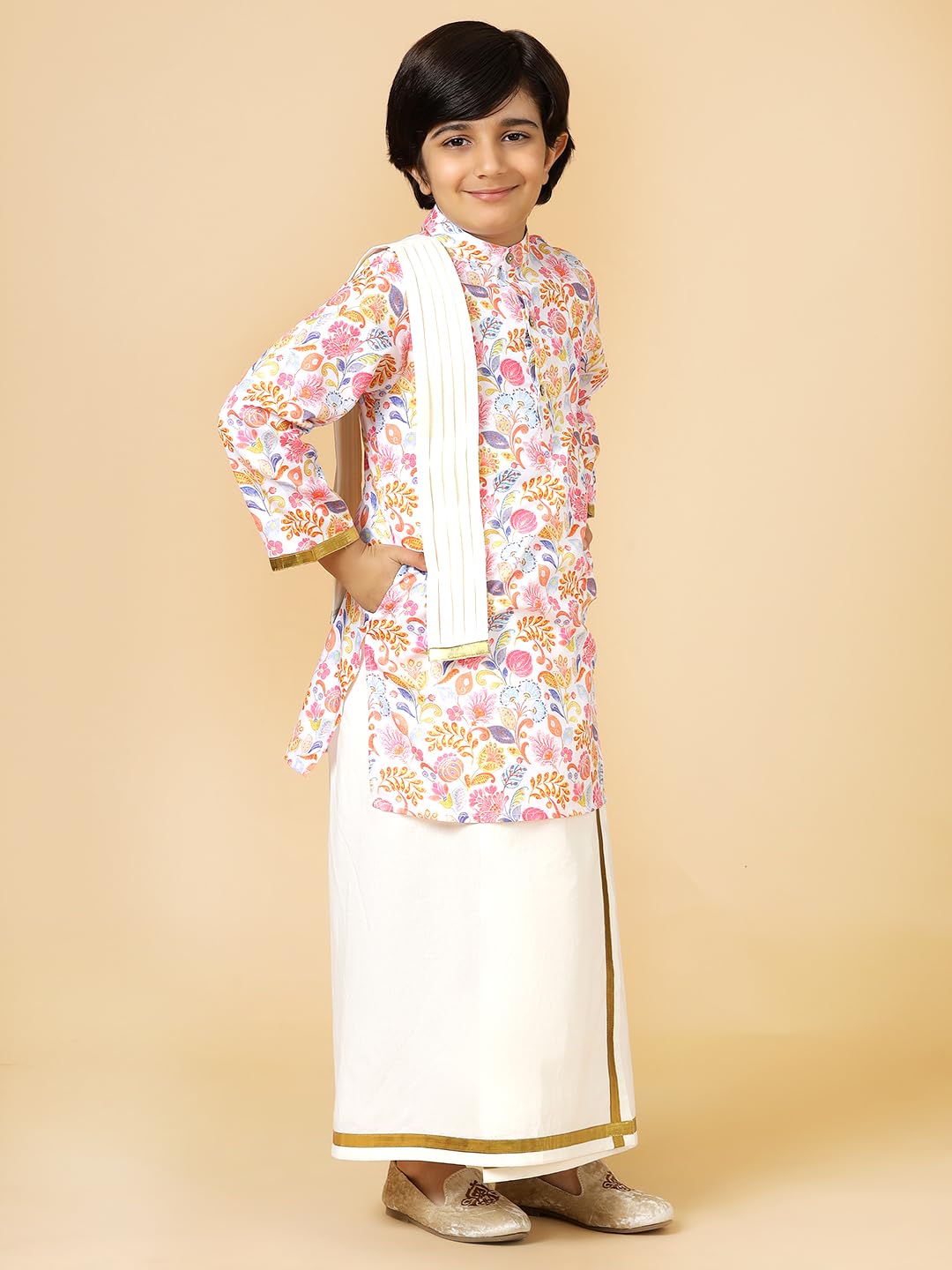 A.T.U.N. (ALL THINGS UBER NICE) Boys Rouge Floral Printed Kurta with Elasticated Mundu with Underneath Shorts Set