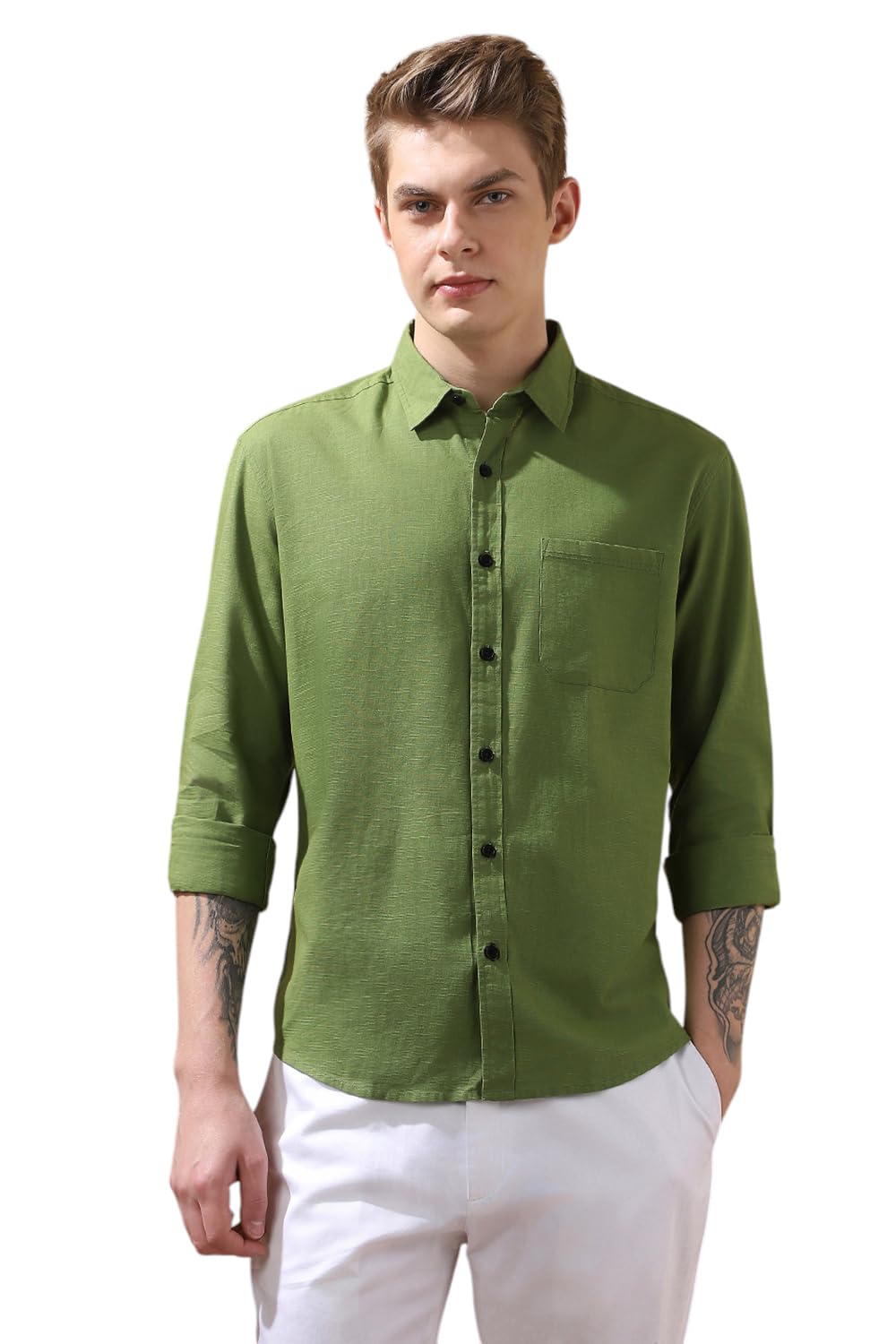 Dennis Lingo Men Regular Fit Green Full Sleeves Cotton Casual Shirt.