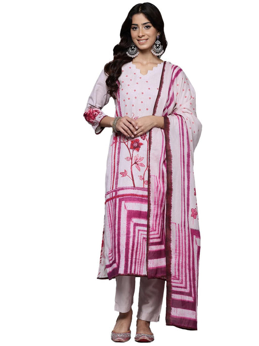 Varanga Women Pink Floral Printed French Knot Thread Embroidered Kurta with Bottom and Dupatta