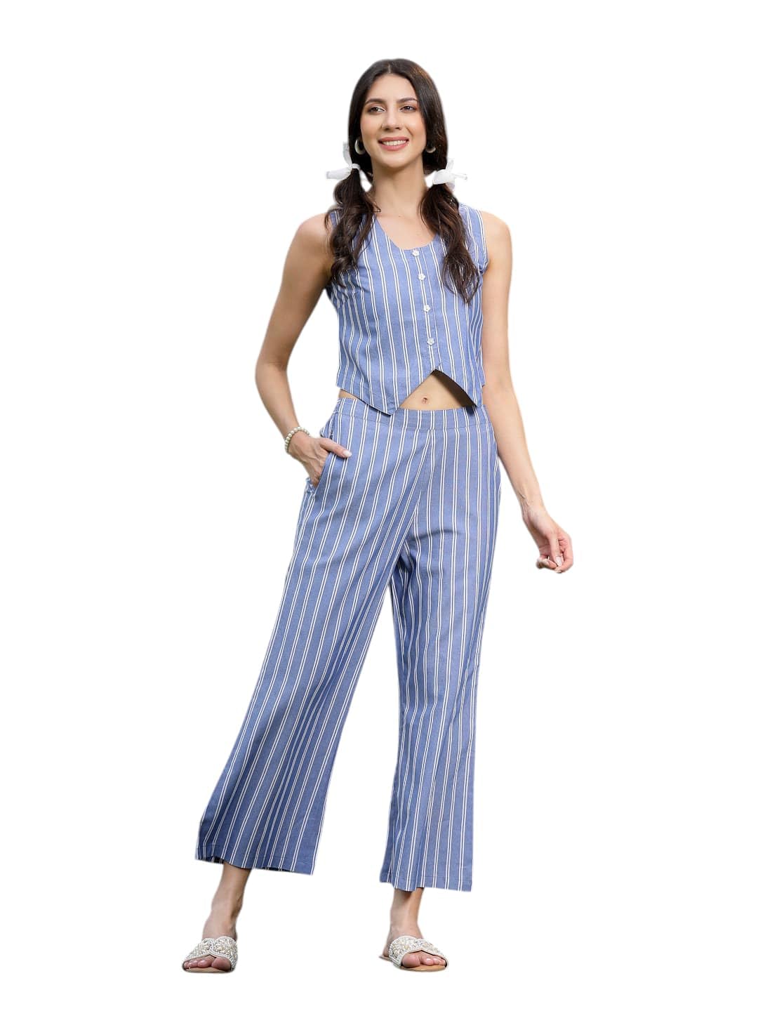 Stylum Womens Striped Printed Cotton Blend Kurti Palazzo Set