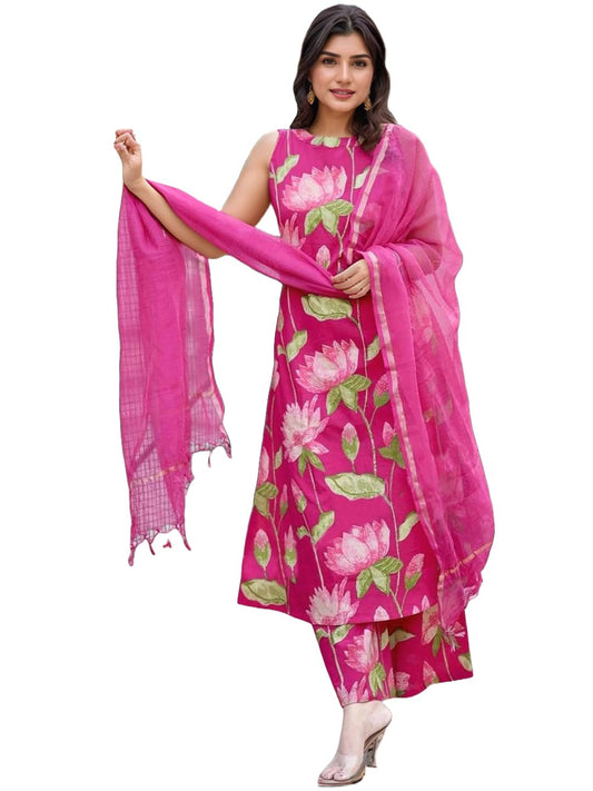 ANNI DESIGNER Women's Rayon Viscose Printed A-Line Kurta with Palazzo & Dupatta